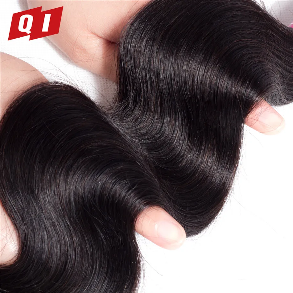 QI Hair Body Wave Brazilian 100% Human Bundles Natural Color 3 With Lace Closure Non Remy Extension | Шиньоны и парики