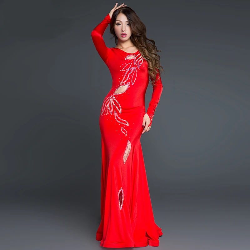 

Long-Sleeve O-neck Leaf Cutout Rhinestone Sexy Belly dance One-Piece Dress for Women/Female Costume Performance Wears YC025