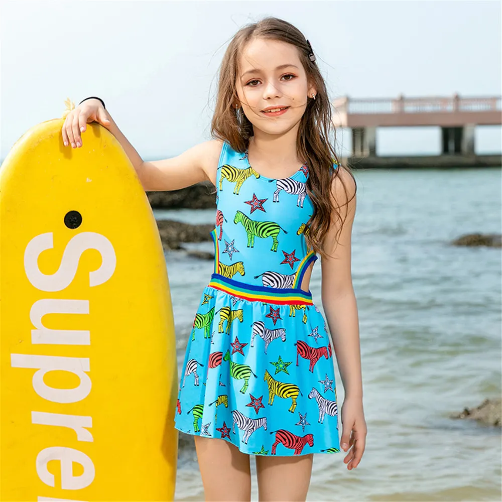 Skirted One Piece Swimsuit For Girls Children Animal Print Swimwear Child Colorful Swim Suits 6-16 Ages Bathing Suit Kids Blue | Спорт и