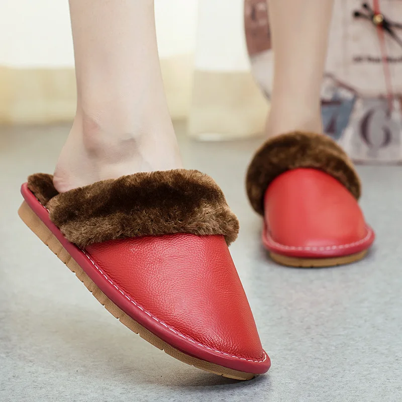 BeckyWalk/зимние тапочки из натуральной кожи для женщин и мужчин домашняя теплая
