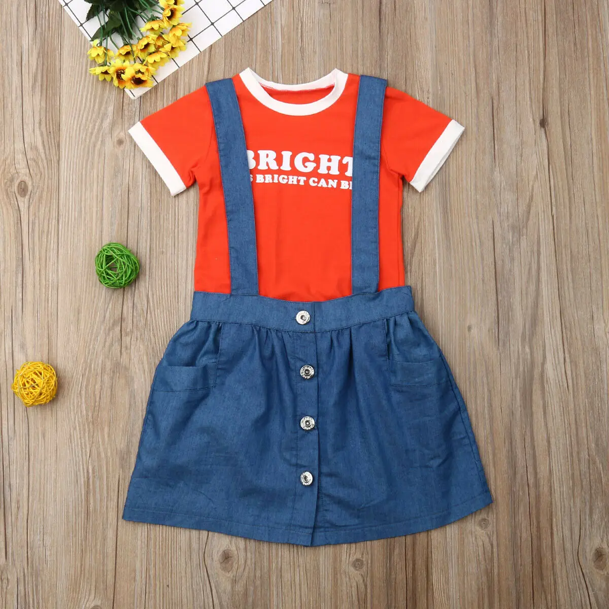 Летние детские топы с короткими рукавами Джинсовая юбка на бретелях платье