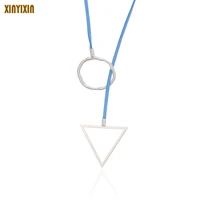 simple blue leather geometric long necklace for women round circle triangle statement necklace adjustable chain fashion jewelry