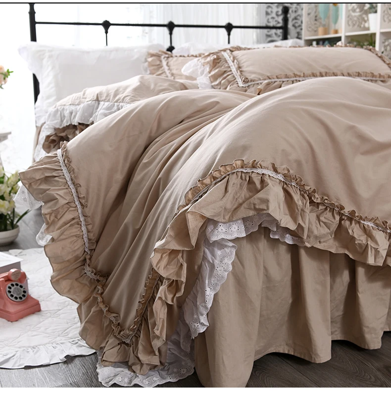 

Cotton Korean bed skirt style cotton khaki embroidered lace quilt cover solid color princess girl heart bedding