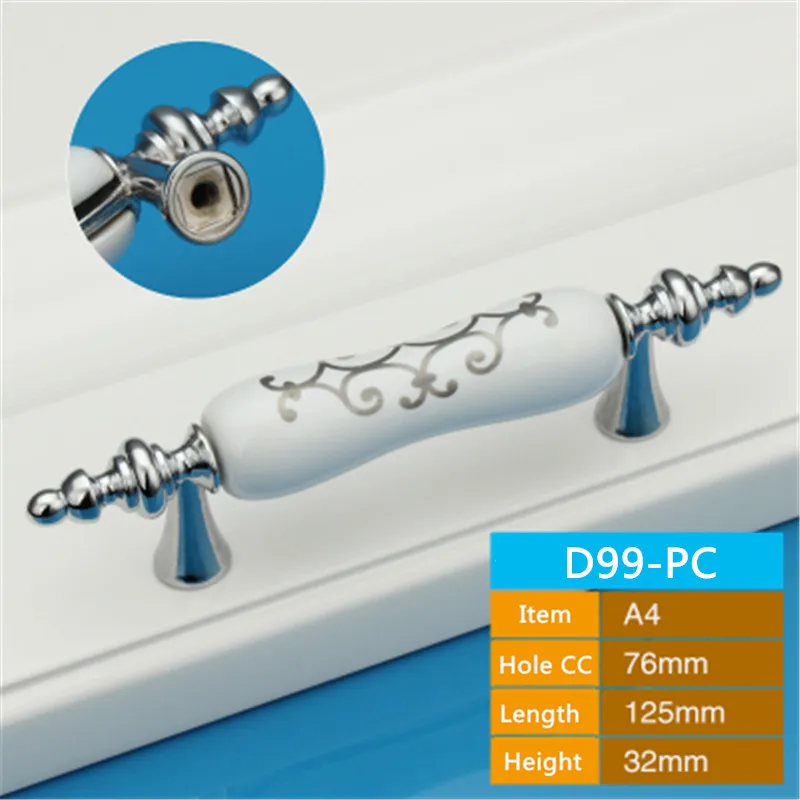 D99-PC Керамические ручки для шкафа, ручки для выдвижных ящиков, серебристые ручки для кухни, одна ручка/отверстие CC 76 мм/96 мм/160 - Цвет: D99-PC