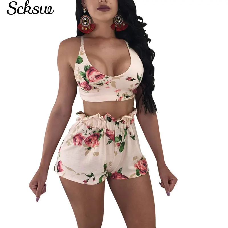 S XXL Sexy цветочные Для женщин наборы пляж Стиль 2018 летний костюм без рукавов