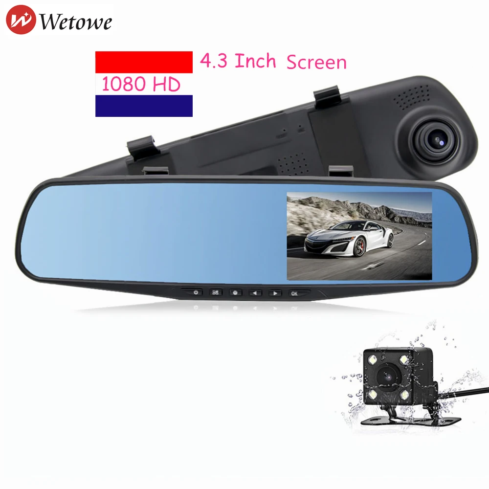 Автомобильная зеркальная камера Wetowe F19 видеорегистратор 4 3 ''DVR Dual Len HD 1080 P