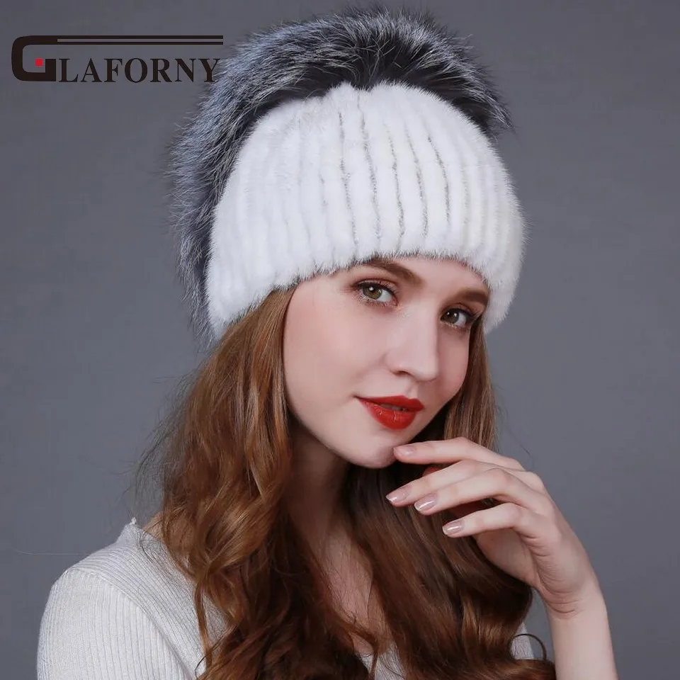 Glaforny 2017 Новый стиль Женская зимняя вязаная норковая меховая шапка с помпонами из