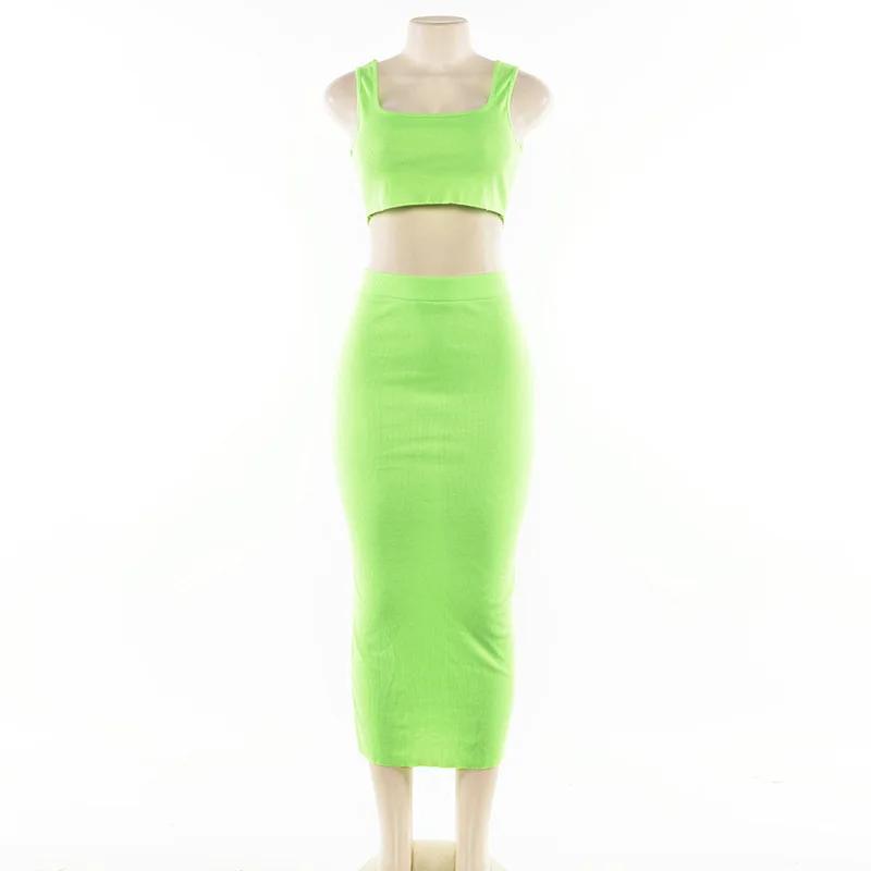 

2019 Ribbed Women Dress Set Sexy Cropped Top And Long Dress 2 Piece Women Set Neon Yellow Summer Beach Wear Femme Set Vestidos