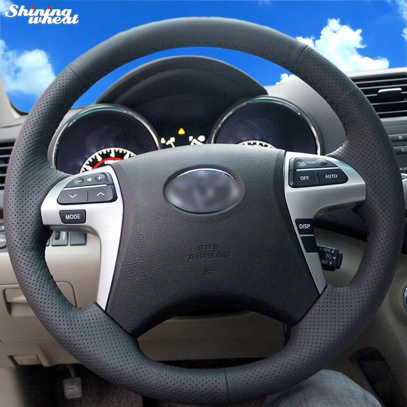 Чехол рулевого колеса из блестящей черной кожи с ручной строчкой для Toyota Highlander