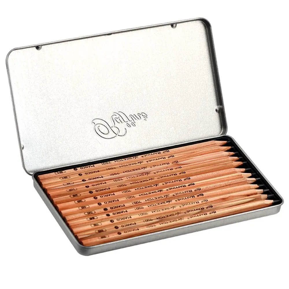Set of 12 (H-9B) Marco Raffine Iron Box Sketch Pencils for Drawing Wood Professional Art Pencil Design School Supplies Matita