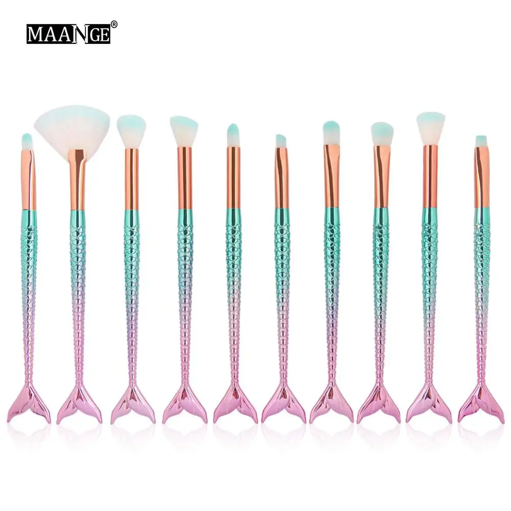 10pcs-mermaid-A Pro 6-10 шт. набор кистей для макияжа в виде русалки, косметический инструмент для красоты, пудра, Тональная основа, тени для век, консилер для губ, наборы кистей для макияжа - Handle Color: 10pcs-mermaid-A