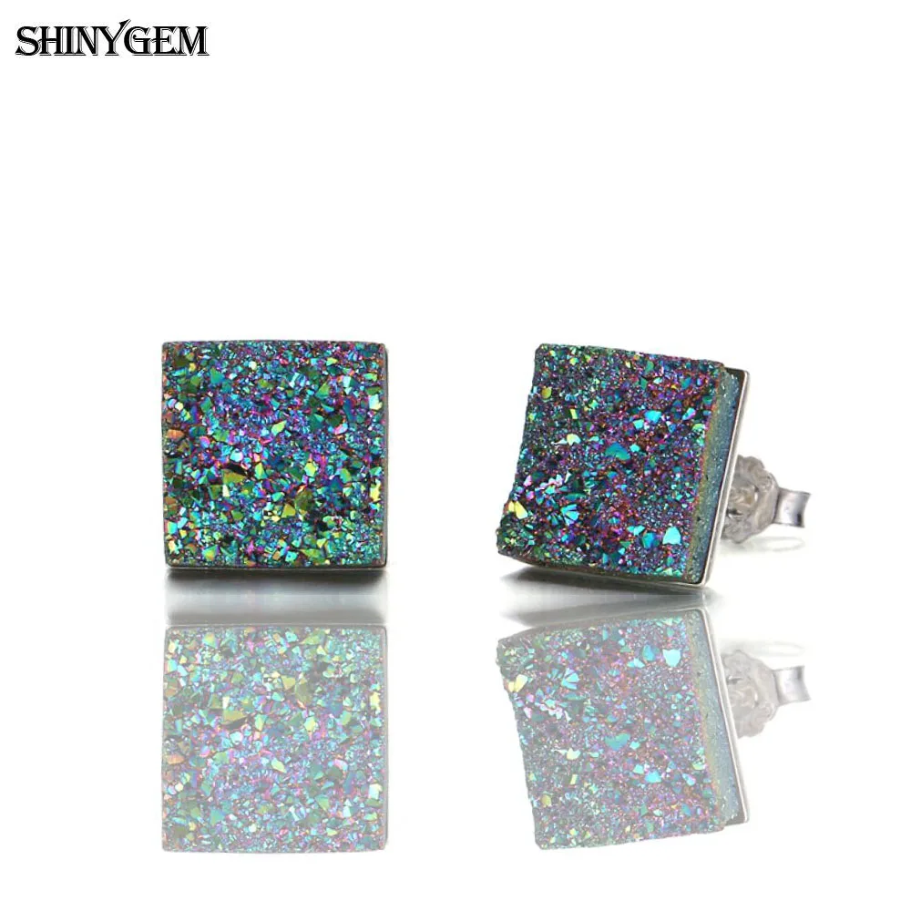 ShinyGem 10 мм маленькие квадратные серьги с кристаллом Sparking Druzy из натурального камня