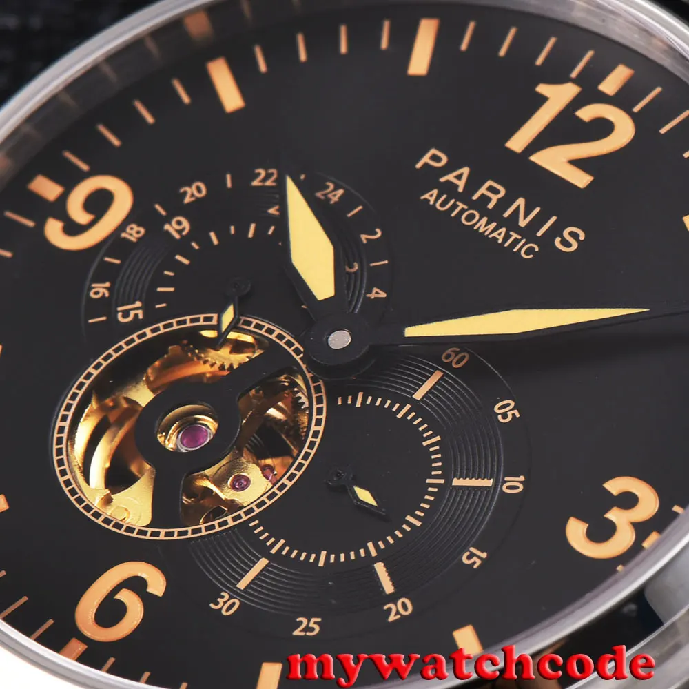 44 мм Parnis черный циферблат оранжевые отметки Дата золотой 21 Jewels Miyota