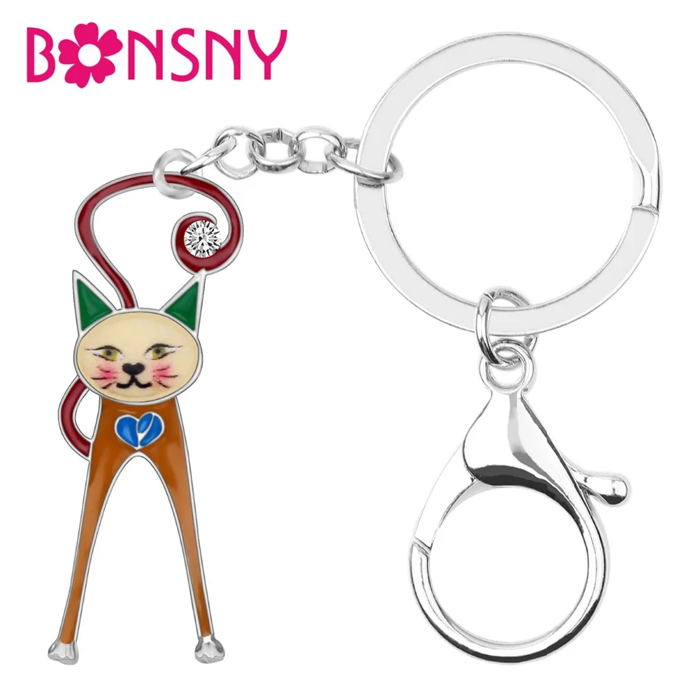 Bonsny эмалевый сплав Стразы кошка Брелки Кристалл животное ювелирные изделия для