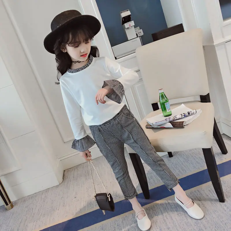 Children Clothes Set for Girls 2018 Spring New Suit Big Kids Shirts + Plaid Pant 2pcs Girl Clothing Sets Cotton Brand Fashio | Детская
