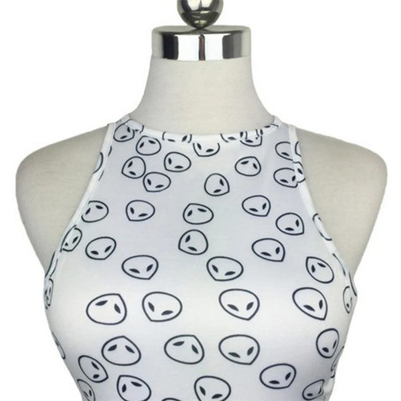 Miss Fox 2018 Summer New Printed Extraterrestrials Crop Tops Female Sexy O-neck Vest Top Women Streetwear Harajuku | Женская одежда