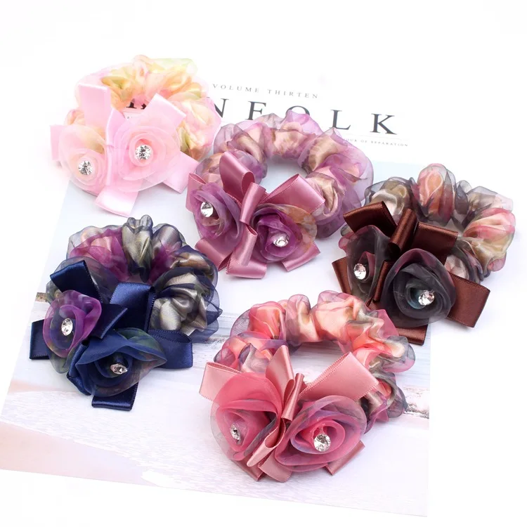 

boutique chiffon rose flower lace women girls elastic hair rubber bands scrunchy accessories hair band ring rope headdress free
