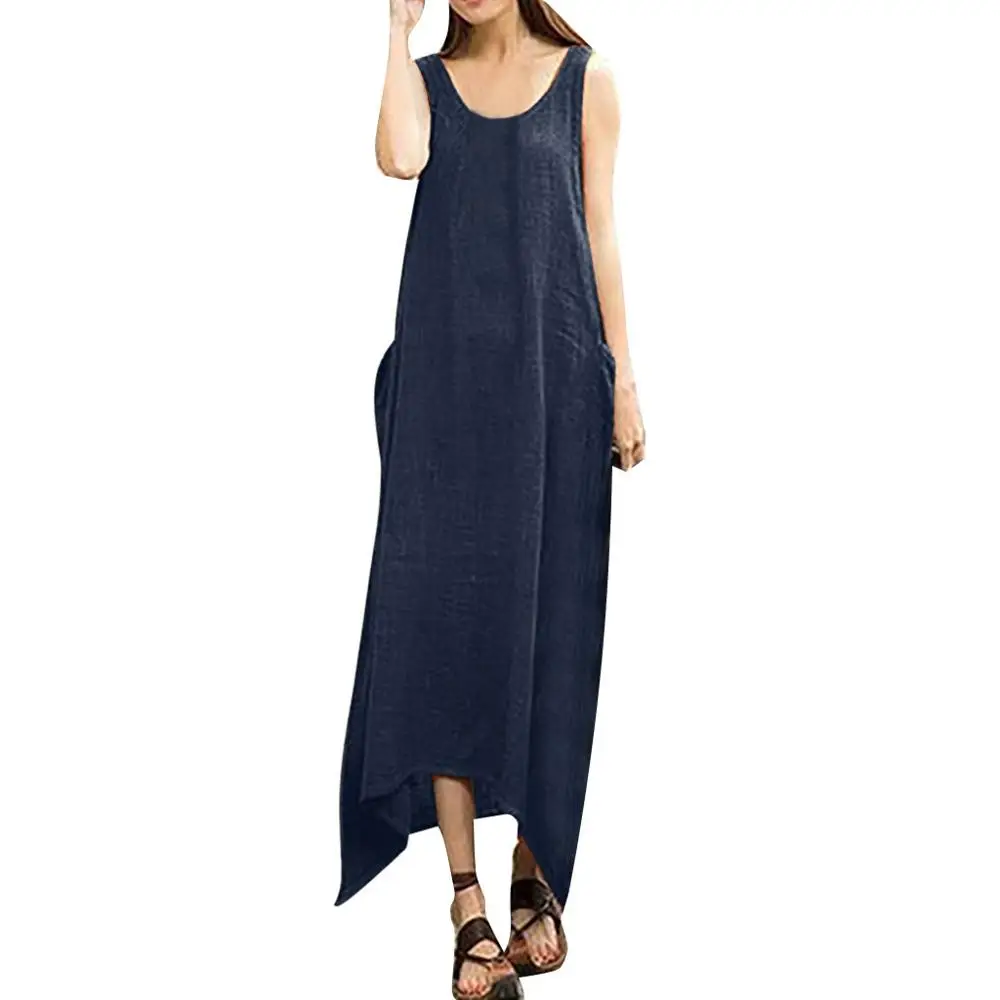 Dresses Винтажное платье в стиле бохо, без рукавов, из хлопка и льна, необычное, круглый воротник, повседневное, для женщин, плюс размер, длинное, макси, платья jurken zomer#15 - Цвет: Dresses