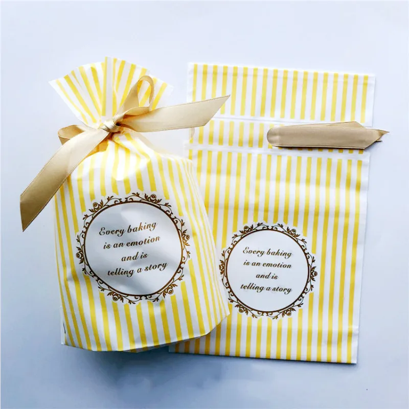 Yellow Stripe LBSISI Life 50 шт пластиковый мешок для конфет, печенья, на шнурке, с лентой, для закусок, конфет, на день рождения, свадьбу, подарочные пакеты - Цвет: Yellow Stripe
