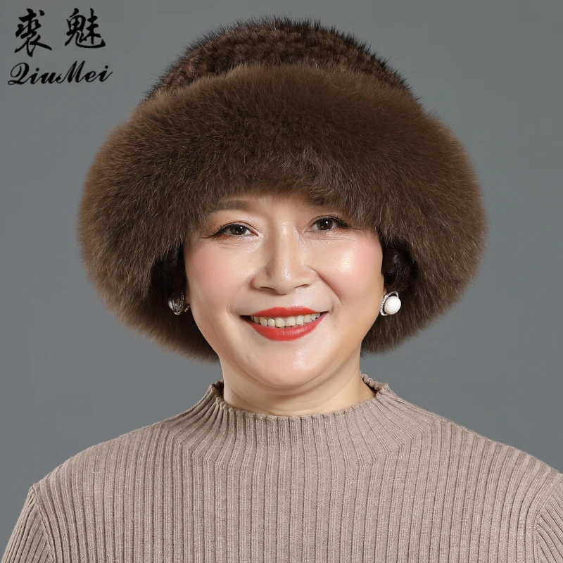

Women Bucket Hat Winter Real Mink Fur Hat New Fashion Solid Color Casual Hats Cap For Female Adult Floral Design Women
