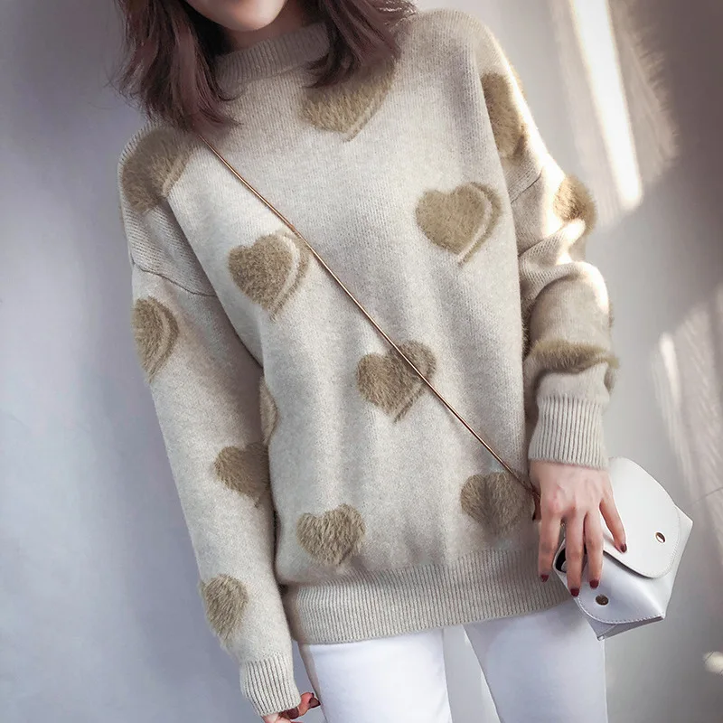 Autumn and Winter 2018 New Sweet Slim Loving Jacquard Knitted Shirt Angra with Mink Fur Loose Sweater |