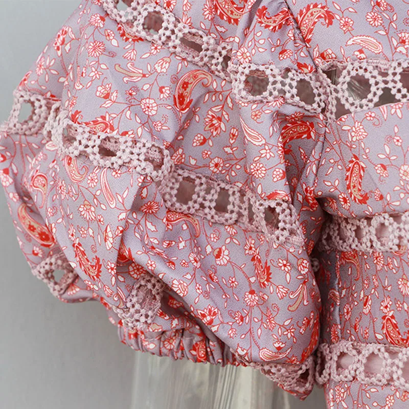 2019 Лето Новая мода пышные рукава полые вышивка шить праздничное платье печать