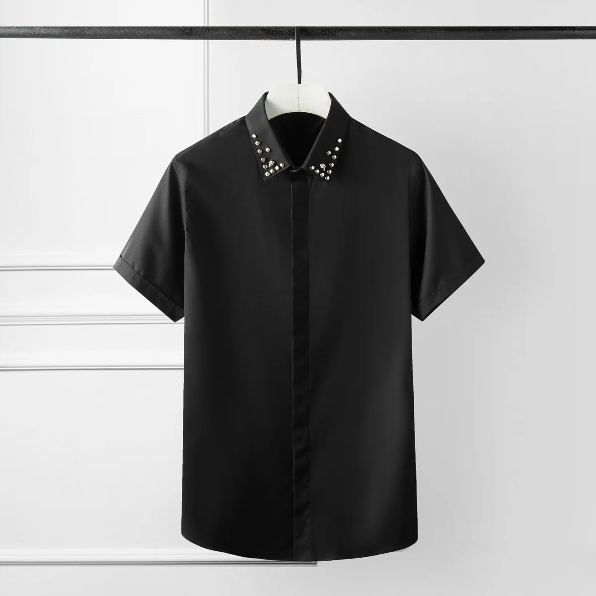 Summer Mens Shirts Luxury Skull Rivet Solid Color Short Sleeve Dress Plus Size 4xl Party Night Club Slim Shirt Man | Мужская одежда