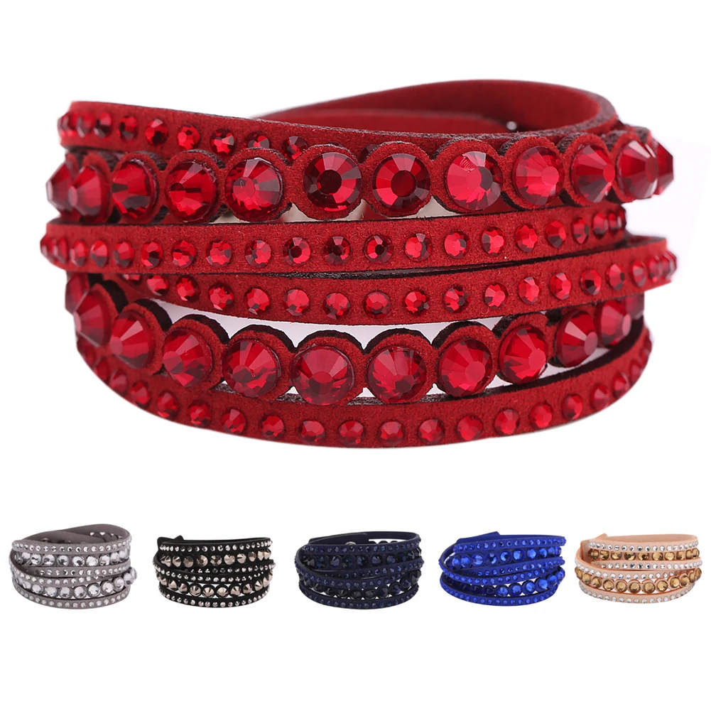 Многослойный браслет с кристаллами шикарный Slake Dluxe двойной кожаный модный