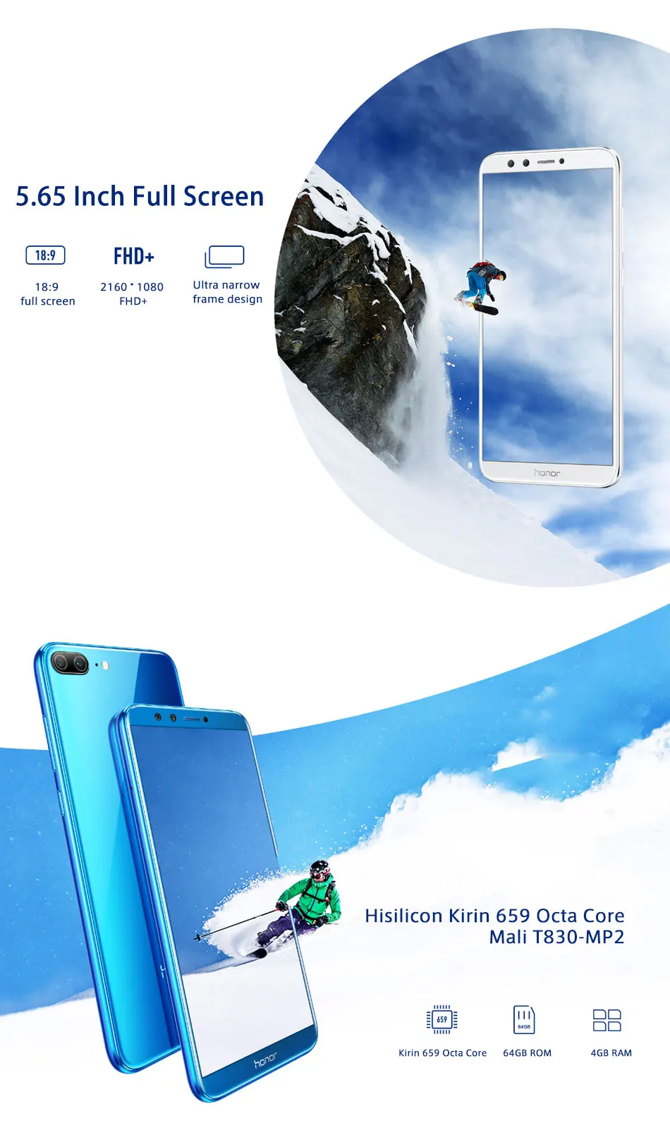 5,65 дюймов Honor 9, 4 Гб ОЗУ, 64 Гб ПЗУ, Android 8,0, 4G, LTE, смартфон, 13 МП+ 2 МП, четыре ядра, отпечаток пальца, аккумулятор 3000 мАч, мобильный телефон