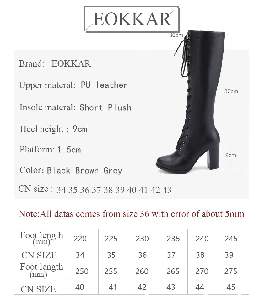 

Eokkar 2020 Women Knee High Boots Square High Heel Round Toe Pu Leather Flock Lace Up Winter Boots Ladies Boots Size 34-43