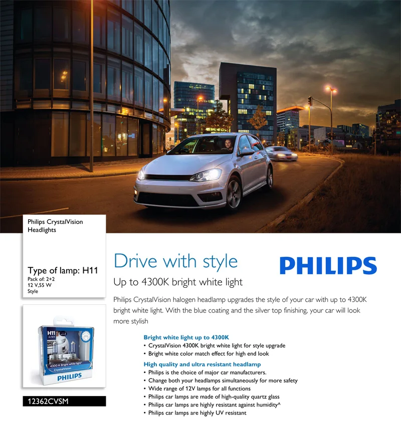 Philips Crystal Vision H11 12V 55W PGJ19-2 12362CVSM 4300K яркие белые автомобильные галогенные фары противотуманные автомобильные лампы(двойная упаковка