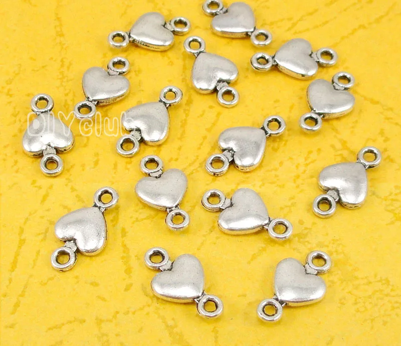 

150pcs-Antique Silver Tone 2 Sided Tiny Heart Connector Charms 15x8mm