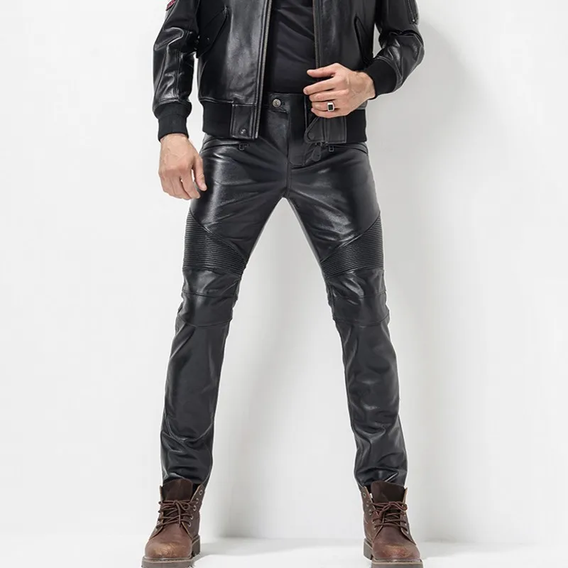 Windproof Thicken Winter New Mens Slim Pants Genuine Leather Cow Male Fashion Zipper High Quality Brand Pants Plus Size 36