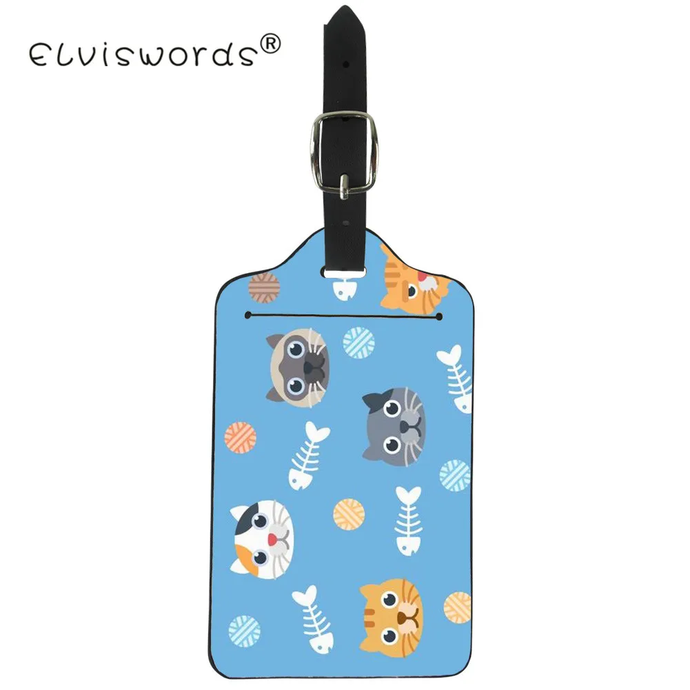 

ELVISWORD Kawaii Suitcase Luggage Tag Cartoon Cat Fish Print ID Address Holder Baggage Label Identifier Kids Travel Accessories