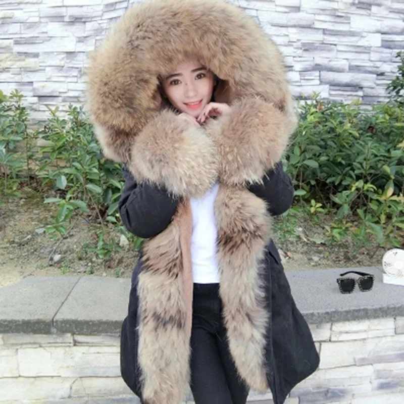 Женское пальто с натуральным мехом Длинная зимняя парка воротником и манжетами