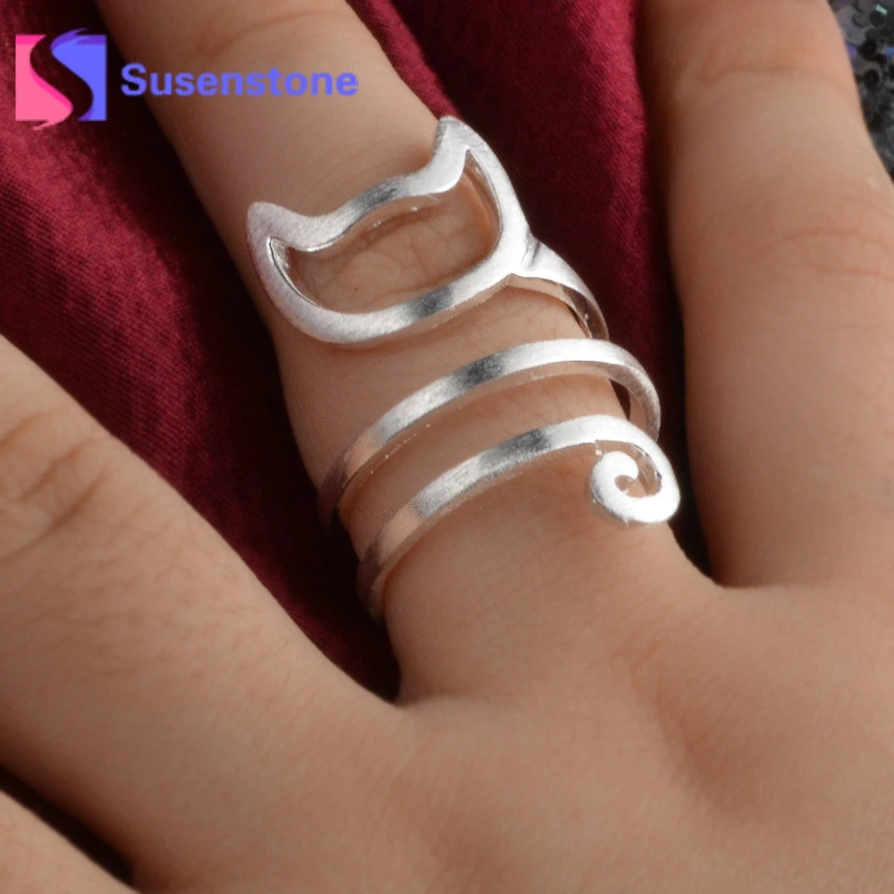 Кольцо регулируемое открытое с котенком посеребренное или золотое|ring adjustable|jewelry