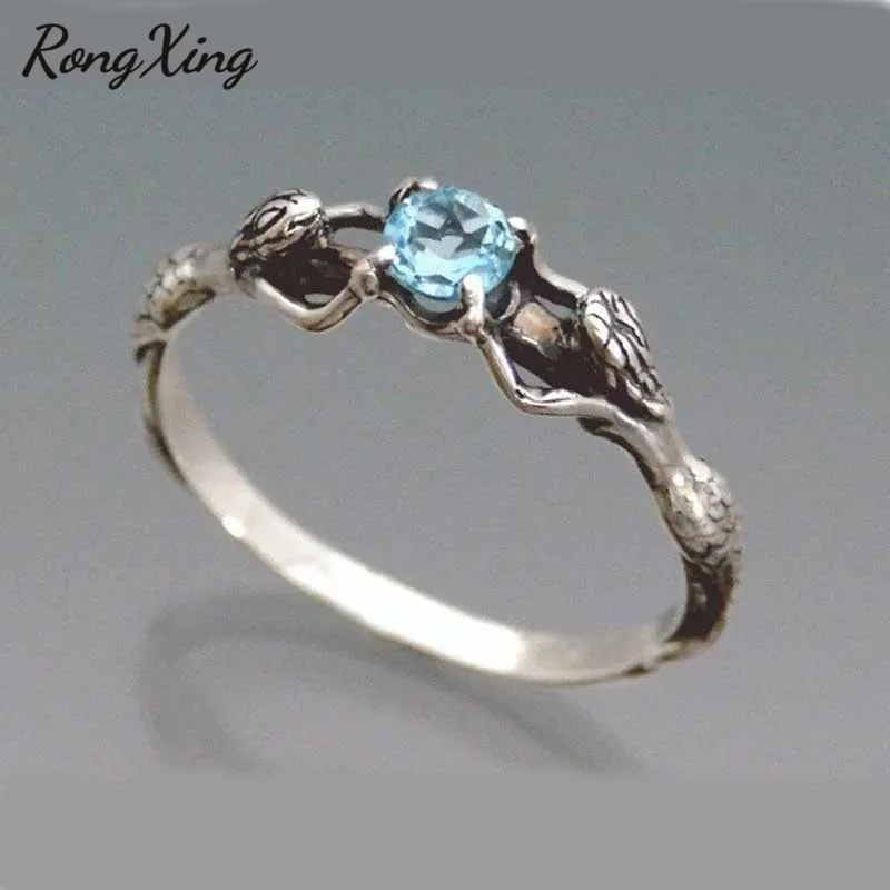 RongXing античное серебряное кольцо русалки цвета морской волны с цирконием для