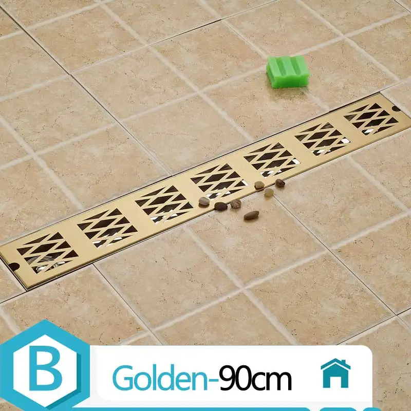 Golden B 90cm 1 шт. Нержавеющая сталь линейный длинный душ слив ванная комната канал ванная напольная решетка сток, Дезодорация длинный душ Трап - Цвет: Golden B 90cm