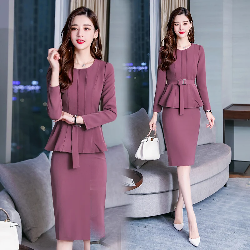New Women'S Suit Korean Fashion Two-Piece Outfit Zip Belt Jacket O Neck Top Bodycon Skirt Solid Lady Vestido Size S-XL |