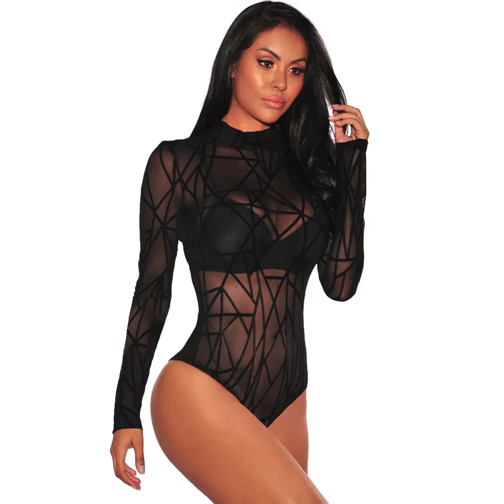 Women See Through Mesh Sheath Bodysuits Rompers Lady female Sexy Turtleneck Long Sleeve Night Club Body Suits One Piece Overalls | Женская