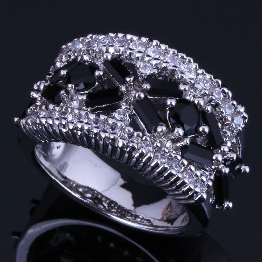 

Prominent Black Cubic Zirconia White CZ Silver Plated Ring V0552