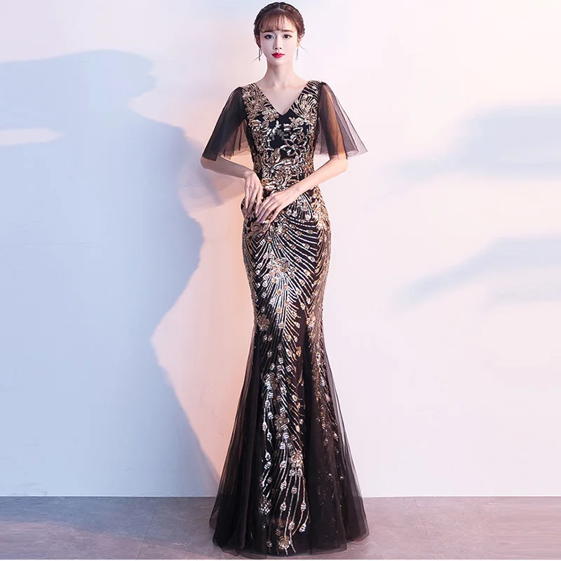 Черное Сетчатое и Золотое Цветочное платье с блестками v-образным вырезом рукав