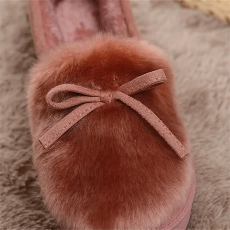 Теплые женские тапочки с бантиком зимние домашние плюшевой подкладкой слипоны