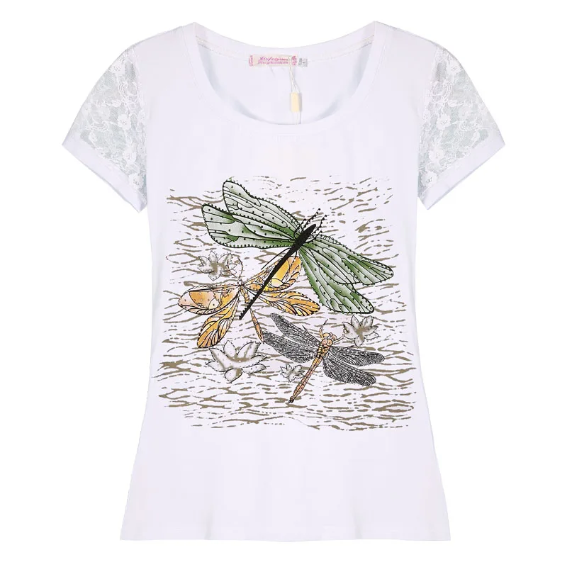 XXXL в виде алмазной Стрекозы с Camisetas Mujer 2019 летняя Стразы футболка Для женщин