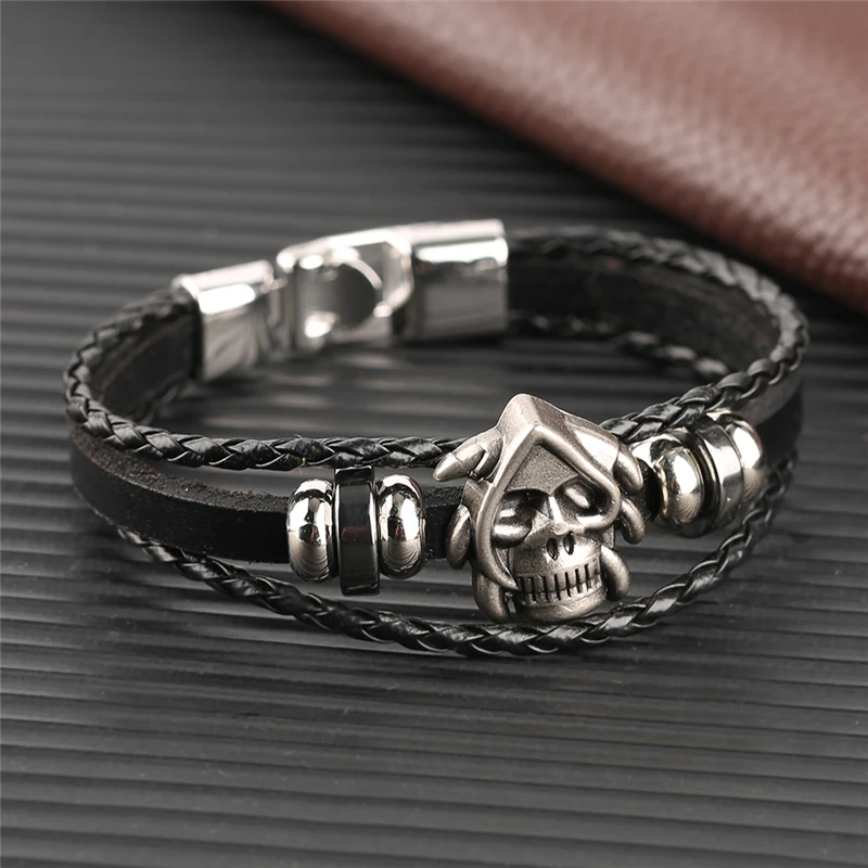 Cool Skull Punk Leather Ropes Men Bracelet Fashion Young Boys Bangle Accessory |