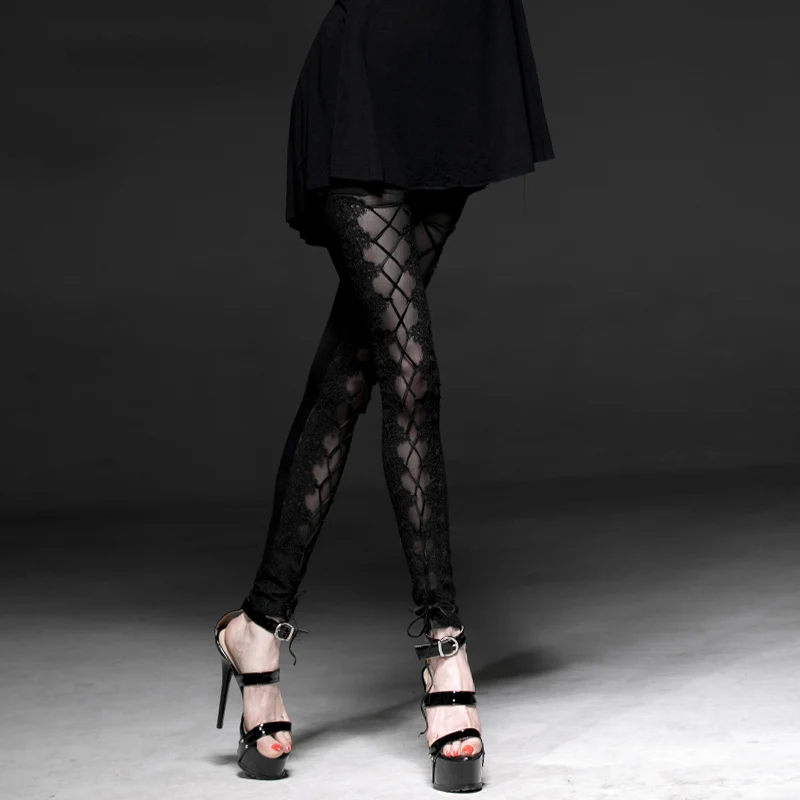 Gothic Mesh Laciness Leggings for Women Steampunk Black High Waist Skinny Close-Fitting Long Pants