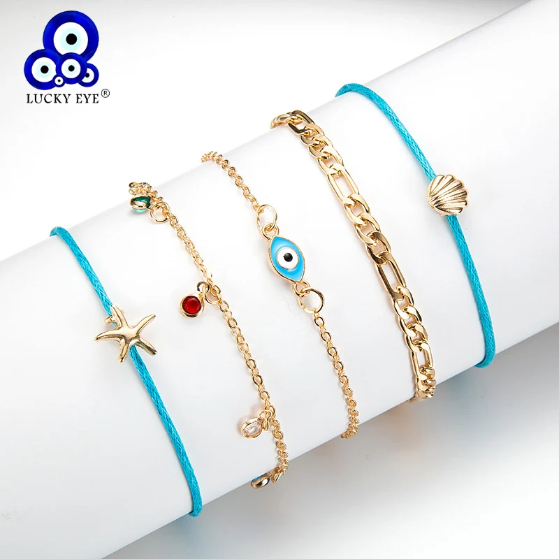 Lucky Eye голубая веревка золотистого цвета браслет-цепочка на лодыжку Морская звезда в виде ракушки цвет яркий горный хрусталь Злой Глаз ножной браслет ноги женские ювелирные изделия