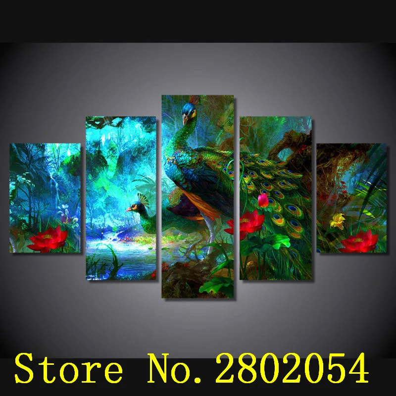 Atfipan Большой HD модульная фотографии 5 Панель Красочные Павлин произведение