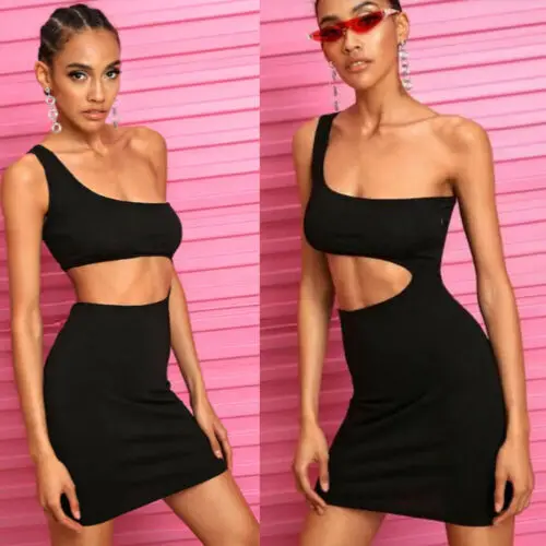 

US Women One Shoulder Bandage Bodycon Sleeveless Club Short Mini Dress
