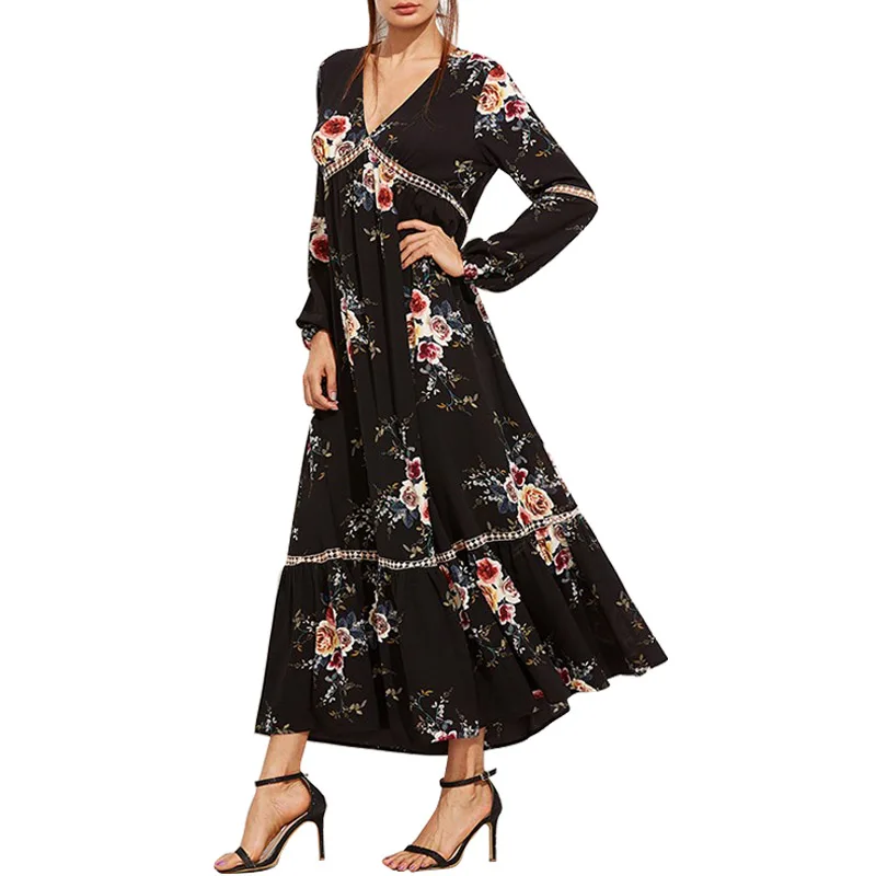 Черное шифоновое платье с цветочным принтом 2017 новое ТРАПЕЦИЕВИДНОЕ ПЛАТЬЕ Vinatge